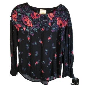 Maeve women’s floral rayon linen blend blouse size XS black button detail career